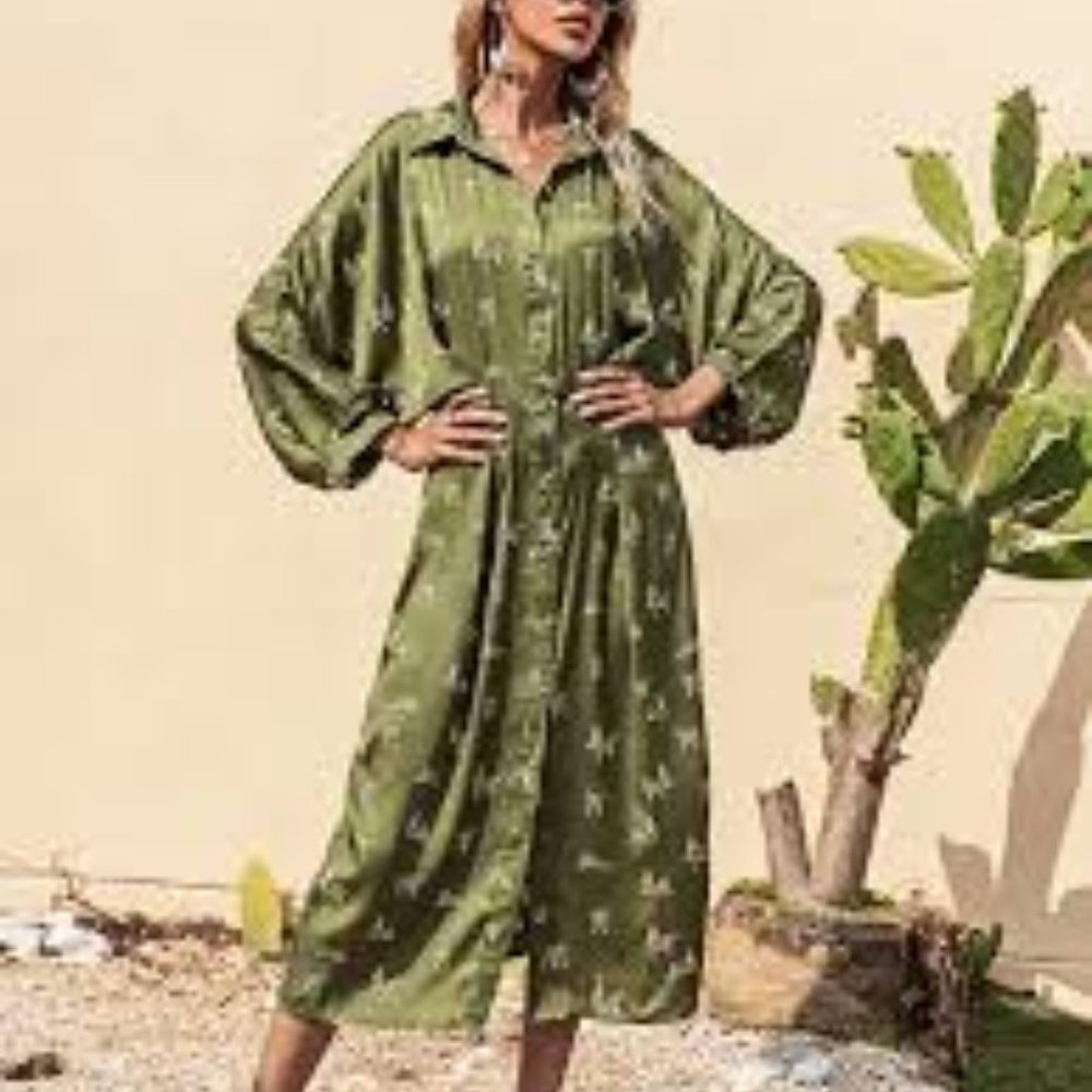 Shein | Tiger Print Batwing Sleeve Button Front Shirt Dress